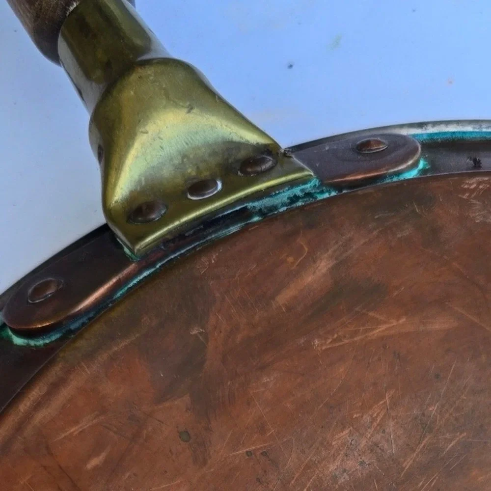 Vintage Tinned Copper Frying Pan 9.5 Inch Skillet Wood Handle Brass Rivets